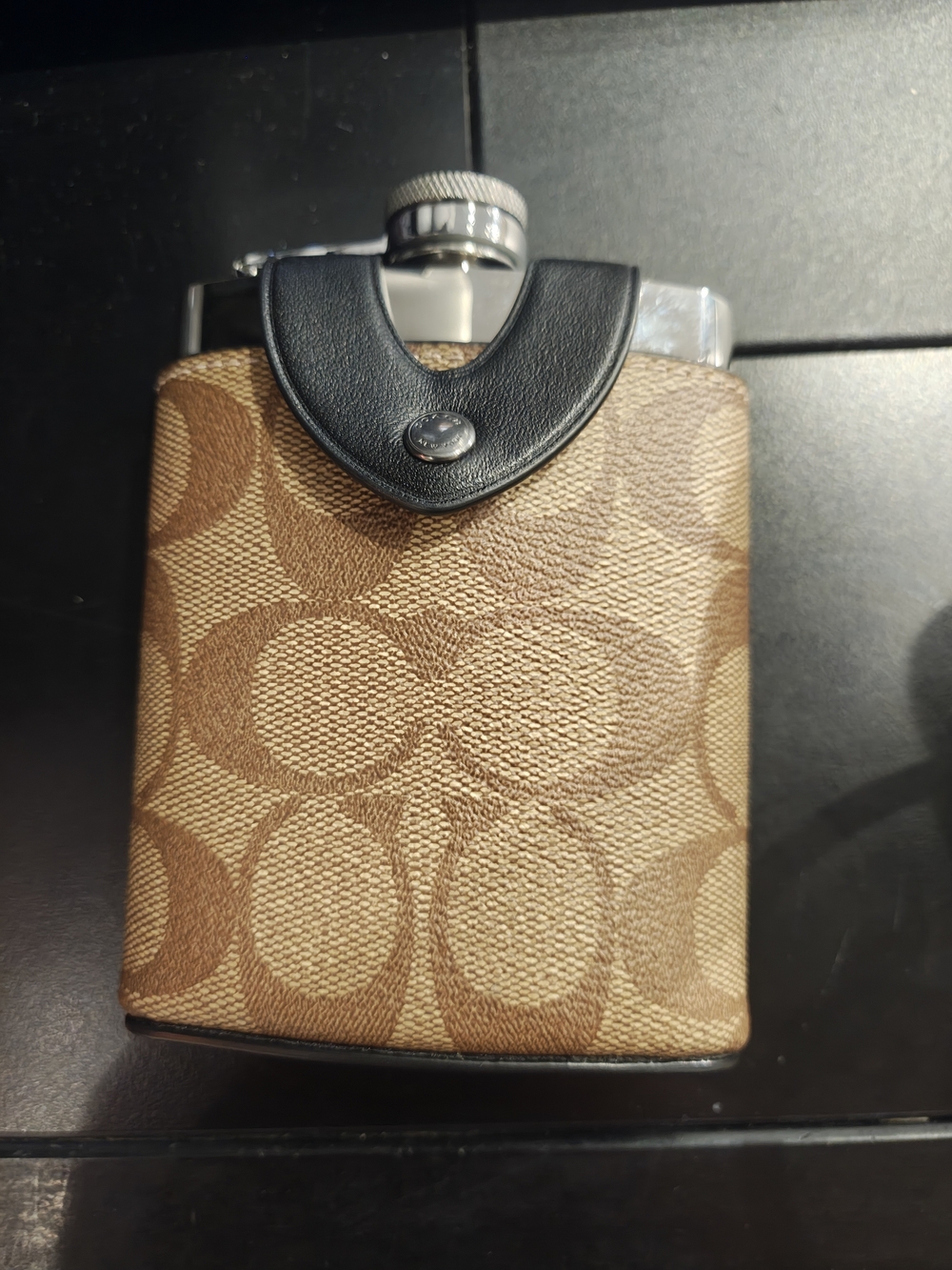 Coach Signature Monogram Hip Flask with Leather Trim